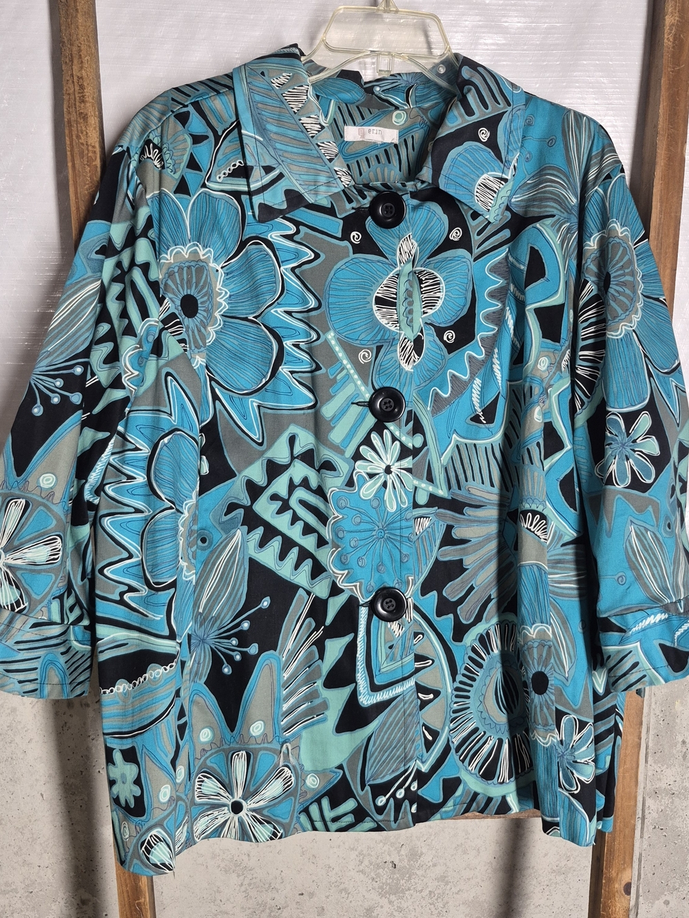 Womens Turquoise Floral Button-Front Jacket